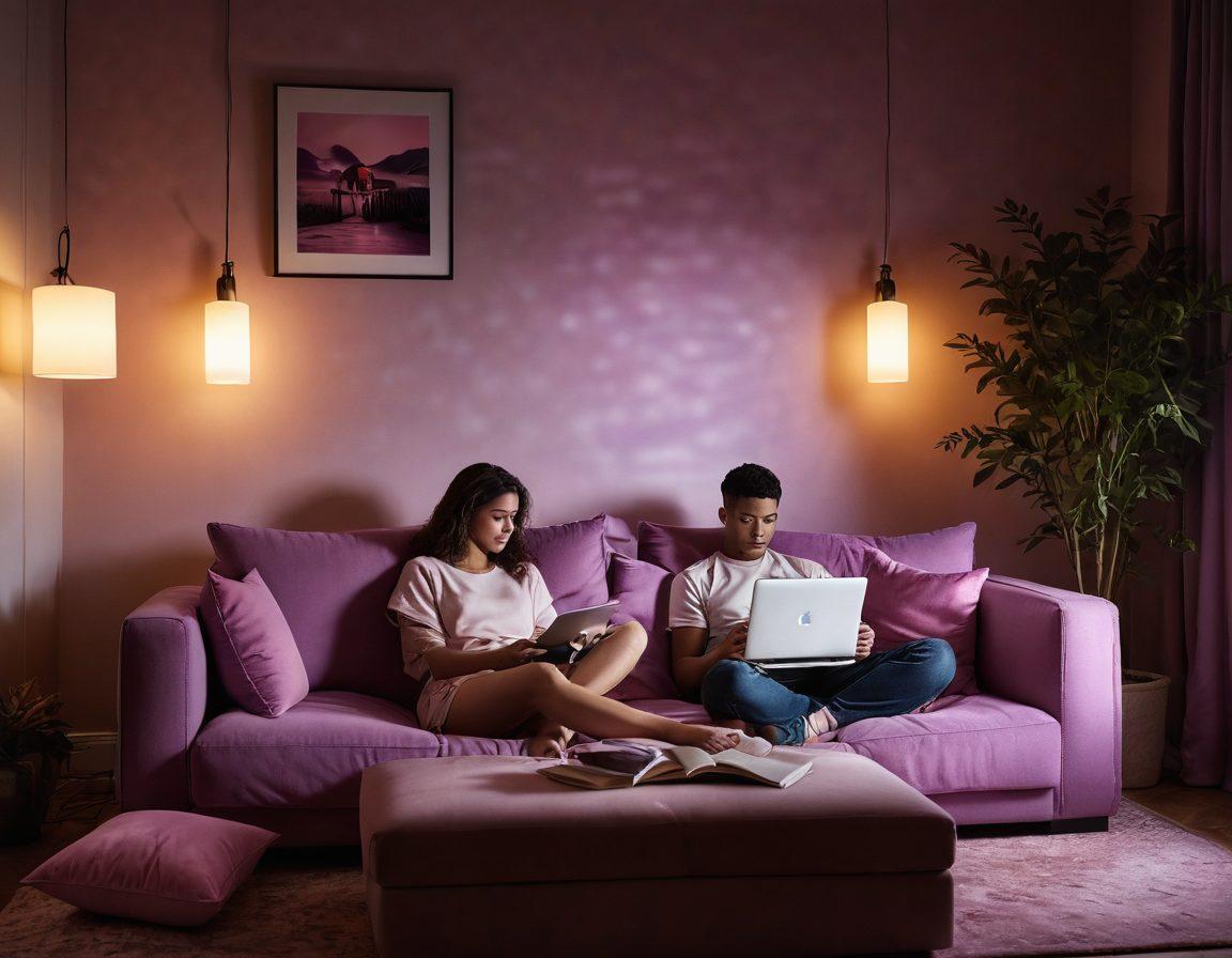 A cozy, dimly lit room with a couple sitting on a plush couch, immersed in watching a streaming device, surrounded by soft pillows and warm lighting. Subtle visual representations of intimacy, such as gentle touches and shared glances, portrayed in a modern yet inviting setting. Introduce elements like a laptop or tablet displaying a variety of streaming icons. Enhance the atmosphere with soft, glowing hues of pink and purple for a romantic vibe. super-realistic. vibrant colors. warm lighting.